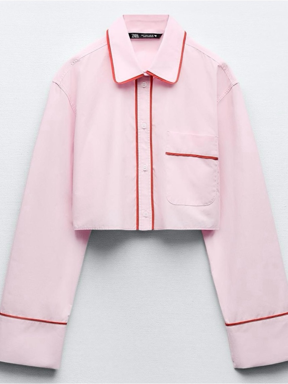 Zara Cropped Shirt Jacket in Pale Pink with Red Piping